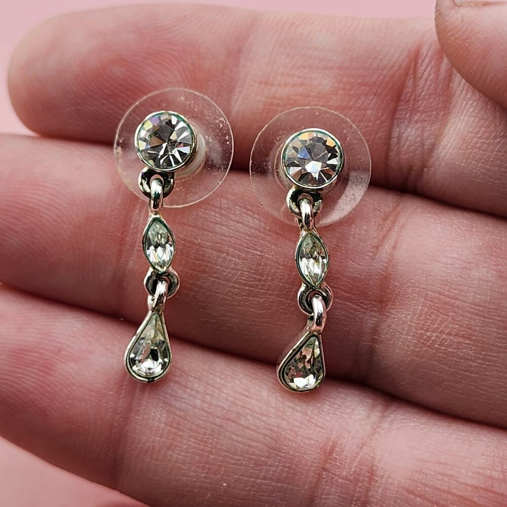 Clear Rhinestone Petite Dangle Earrings Silver Tone Teardrop Bridal Glam